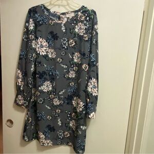 Ann Taylor Loft Womens Mini Dress L 46” Dark Gray With Pink & Blue Floral Print
